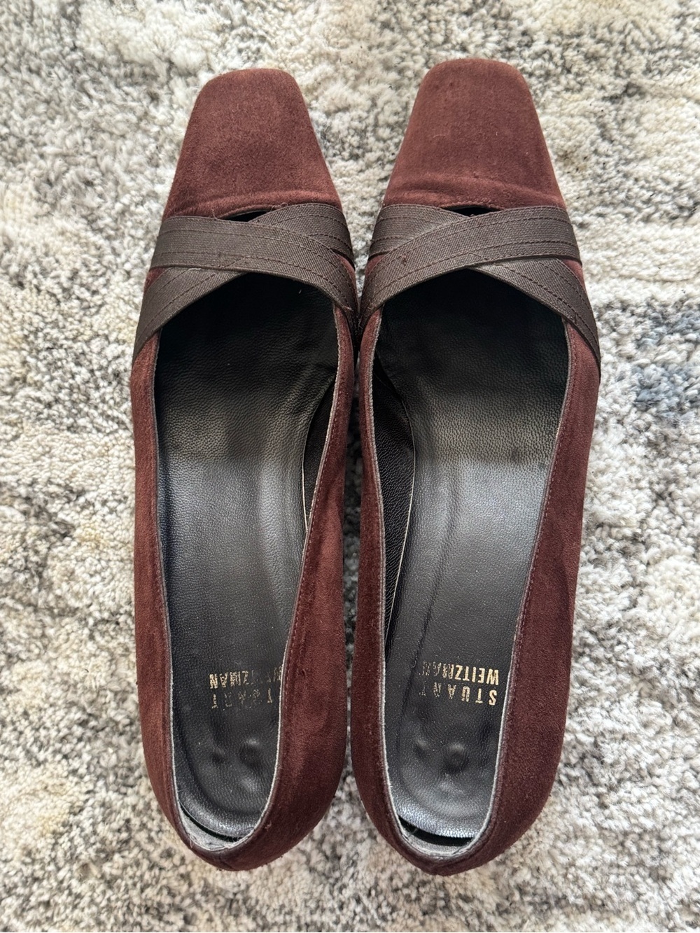 Stuart Weitzman Women Shoephoria Square Toe Brown Suede Kitty Heel Slip On pump